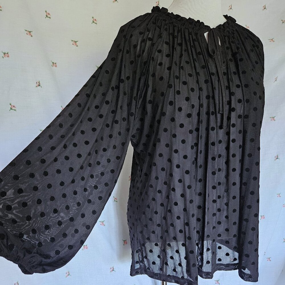Plus Size Sheer Polka Dot Peasant Blouse Black